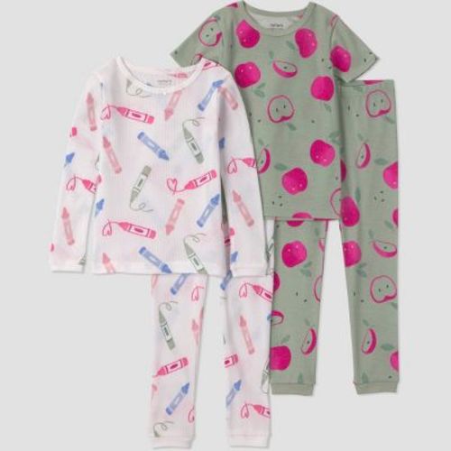 Carter's Just One You® Toddler Girls' 4pc Long & Short Sleeve Apples and Crayons Printed Cotton Pajama Set - Green/White 3T