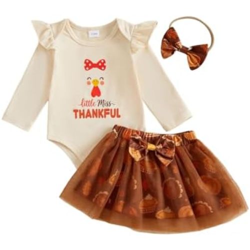 My First Thanksgiving Baby Girl Outfit Romper Skirt Headband Set