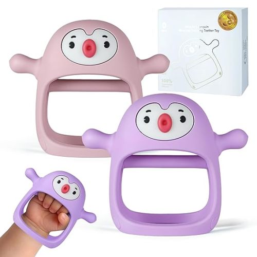 2pack Penguin Teether for Babies 0-6Month, Infant Teething Toys,Pacifiers for Breastfed Babies, Silicone Teething Mittens for 3-6Months, Perfect Shower Gift+Baby Registry, Pink&Purple