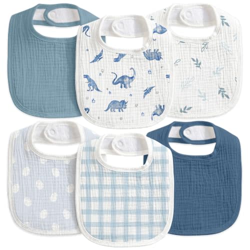 6-Pack Muslin Baby Bibs for Drooling & Teething, Absorbent Bib | Soft Cotton Baby Drool Bib for Baby Boy Girl, Easy Adjustable Bibs for Toddlers, Newborn, Infants 0-36 Months Blue Dinosaur