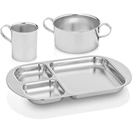 Children's Premium Stainless Steel Dinnerware Set | 1 Bowl with Handles, 1 Cup with Handle & 1 Divided Plate | Education Series | Ideal for Babies, Toddlers & Kids | by Kiddobloom