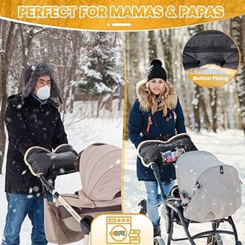 Orzbow Faux Sheepskin Stroller Gloves with Phone Pockets, Winter Extra Thick Mittens for Baby Stroller, Cozy & Warm Hand Muff to Stroller for Parents