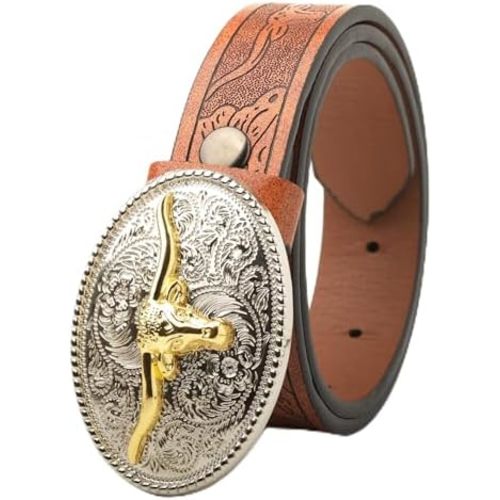 Kids Western Cowboy Belt for Boys Girls - Toddler Cowgirl Embossed Leather Belt with Longhorn Bull Buckle
