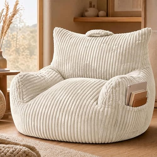 Oversized Faux Fur Bean Bag Chairs for Adults with Handle, Side Pocket & Non-Slip Base, Memory Foam Bean Bag Chair for Living Room Bedroom (Large Stripe White)