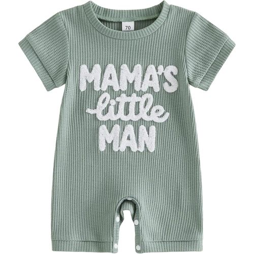 Sejardin Newborn Infant Baby Boy Summer Jumpsuit Letter Embroidery Short Sleeve Crew Neck Romper Waffle Outfit (Mamas Little Man Green, 3-6 Months)