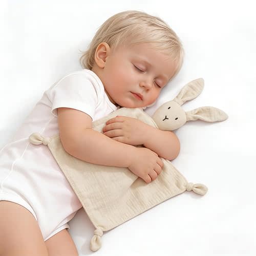 ZIGJOY Bunny Lovey Muslin Cotton Baby Security Blanket Soft Breathable Lovies for Babies Gifts for Newborn Infant Toddler Boys and Girls, Khaki