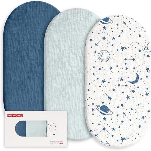 Gllquen Baby Muslin Bassinet Sheets 3 Pack, Breathable Elastic Cozy Fitted Cotton Bassinet Mattress Sheet for Baby Boy Girls, Fit for Hourglass Oval Rectangular Cradle Pad Sheets 33"x17" (Blue)