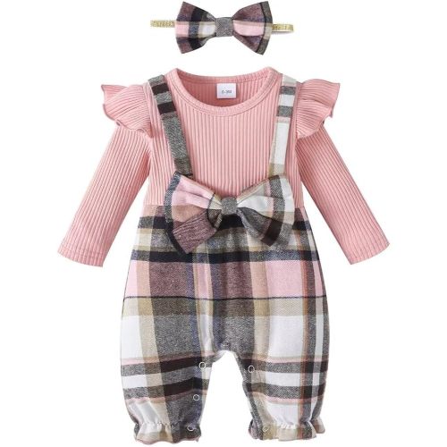 Baby Girl Clothes Fall Winter Outfit Infant Girl Plaid Long Sleeve Ruffle Romper One Piece Jumpsuit with Headband