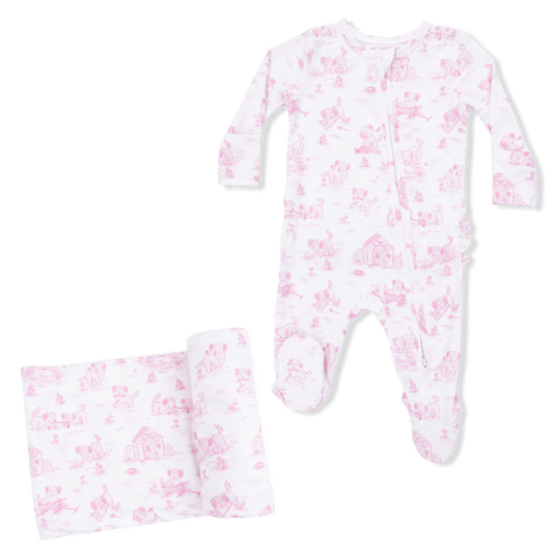 Puppy Toile Pink - 2 Way Ruffle Back Zipper Footie & Swaddle Blanket Set 6-9 mo