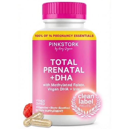 Pink Stork Total Prenatal Vitamins with DHA, Folate, Iron, Choline, and Vitamin B12 - Prenatals for Women to Support Fetal Development, Pregnancy Essentials, Berry Essence, 60 Capsules, 1 Month Supply