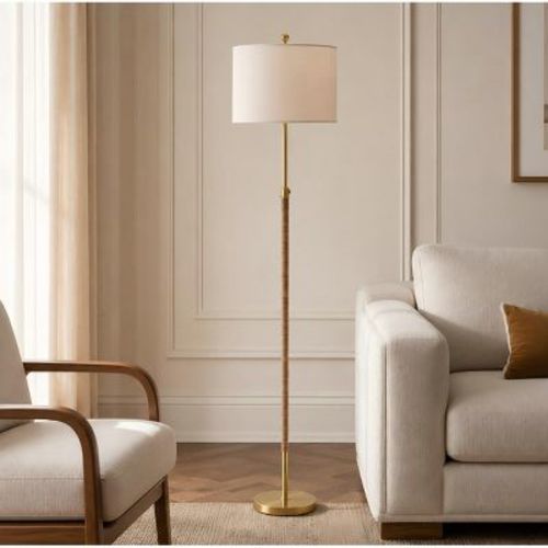 Maxax Farmhouse Rattan Floor Lamp，Boho Gold Adjustable Height Standing Lamp with Oatmeal Shade for Bedroom Office Living Room