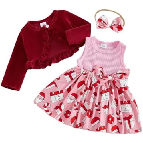 ZAXARRA Toddler Baby Girls Fashion Outfits Sleeveless Flower Print Dress Long Sleeve Ruffle Coat Bow Headband Clothing sets