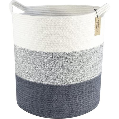 COMFY-HOMI XXL Large Laundry Basket with Handles Blanket Baskets Living Room|Woven Cotton Rope Decorative Basket Laundry Hamper Baby Gift Nursery Dog Toy Storage Organizer Bin-16”x18”-3Tone Grey