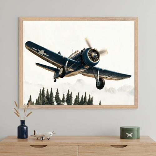 Vintage Airplane Framed Wall Art: Blue Plane Over Forest Landscape