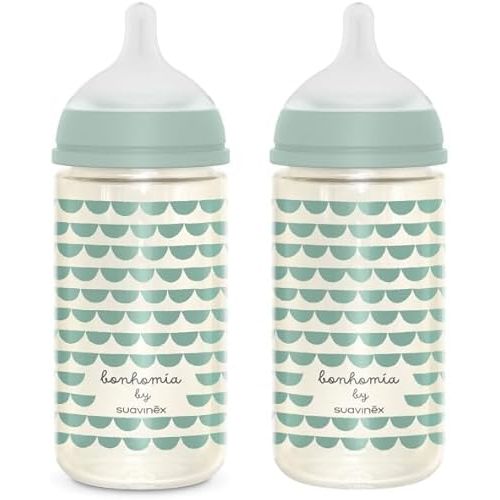 Suavinex Bonhomia Glass Baby Bottle with SX PRO Silicone Nipple, Anti Colic Baby Bottles, Baby Bottles for Breastfed Babies, 2 Pack 8 oz, Mint