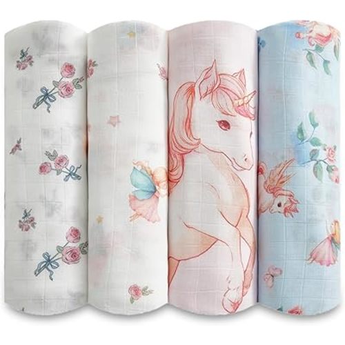 Muslin Baby Swaddle Blankets, 4-Pack 47x47 inches, Breathable 100% Rayon from Bamboo Receiving Blanket, Shower & Registry Gift (Blue Unicorn/Fairy/Bow Rose/Pink Unicorn)