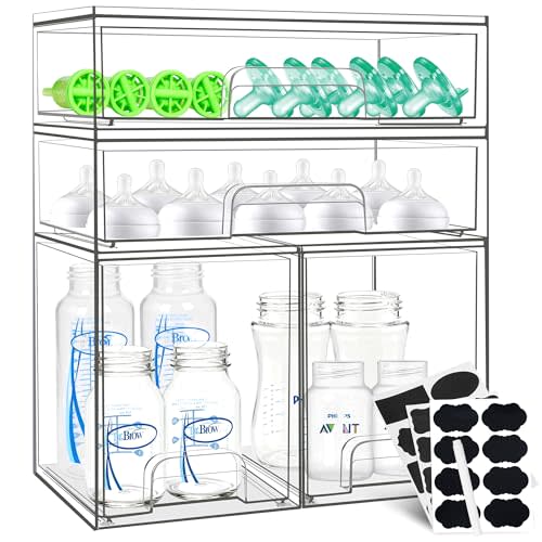Baby Bottle Organizer, 4 Pack Stackable Storage Drawers with Chalkboard Labels, Clear Station Organizer Container for Bottles, Pacifiers, Pump Parts, Baby Bottle Organizers for Countertop and Cabinet