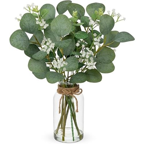 Briful Artificial Eucalyptus Stems with Baby Breath Flowers in Glass Vase with Faux Water, 14" Fake Plant Eucalyptus Leaves for Home Farmhouse Wedding Centerpiece Bathroom Décor