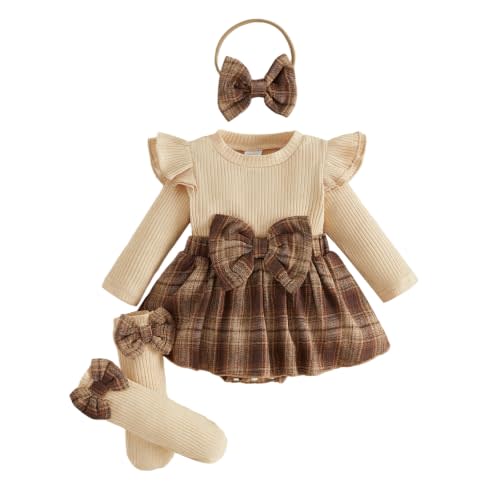 Giraropa Newborn Baby Girl Plaid Flannel Ruffle Long Sleeve Romper Dress | Newborn Baby Girl Fall Outfits + Socks + Headband,Newborn Baby Girl Winter Clothes Bodysuit Jumpsuit,Photoshoot,Cute,Vintage