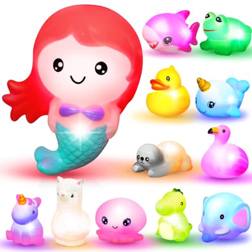 JOYIN 12 PCS Light Up Bath Toys, Toddler Flashing Colourful LED Bathtub Mermaid Toy, Baby Bathtime Floating Rubber Shower Gifts for Infant Kids Girls Valentines Easter Basket Stuffers Pool Party Favor