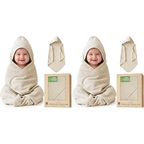 Oeko TEX 100% Organic Cotton Woven Hooded Baby Towels Absorbent 31x31 in (Pack of 2)