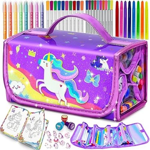 56 PCS Washable Scented Markers Set with Glitter Pencil Case, Mermaid Unicorn Arts and Crafts for kids 4-6-8 Kids Coloring Drawing Kits for 4-8 Years Old Girls Birthday Gifts