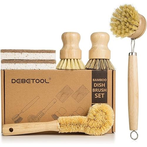 6 Piece Bamboo Dish Brush Set with Coconut Sponge - Wooden Dish Brush with Sisal and Palm Fiber, Natural Bamboo Dish Scrub Brush for Kitchen Cleaning Dishes, Pots, Pans, Bottles, Vegetables