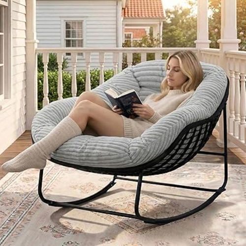 Rocking Chair Outdoor, Oversized Papasan Rocking Chair Indoor with 6” Thick Plush Cushion, Comfy Rattan Rocker Egg Chair for Patio, Backyard, Garden, Balcony, Lawn, Up to 450lbs, Light Gray
