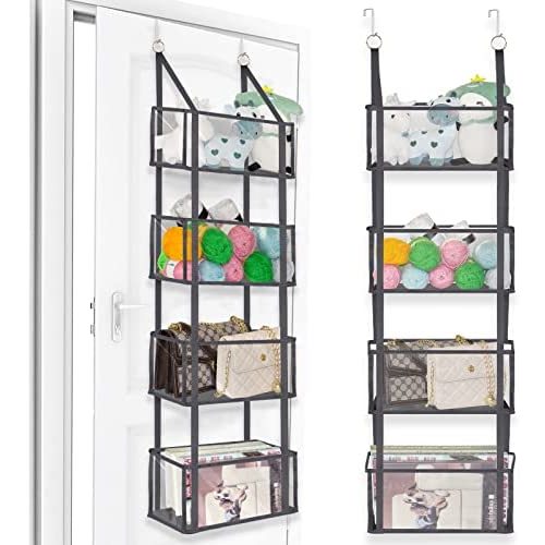 Over The Door Hanging Pantry Organizer - Wall Mount Storage with 4 Large Clear Plastic Pockets & 2 Metal Hooks for Baby Kids Toys,Playroom,Nursery,Diapers,Bathroom,Kitchen,Dorm (Grey)