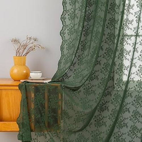 Olive Green Curtains 84 Inches Long for Living Room Bedroom Shabby Chic Lace Scalloped Curtains Light Filtering Country Boho Sheer Curtains for Christmas Décor 2 Panels Set W52 X L84 Dark Forest
