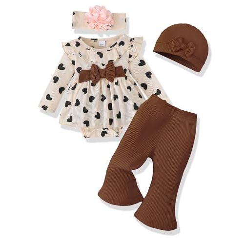 Renotemy Preemie Newborn Baby Girl Clothes Infant Romper Fall Winter Outfits Gifts for Girls Cute Bell Bottoms Pant Sets