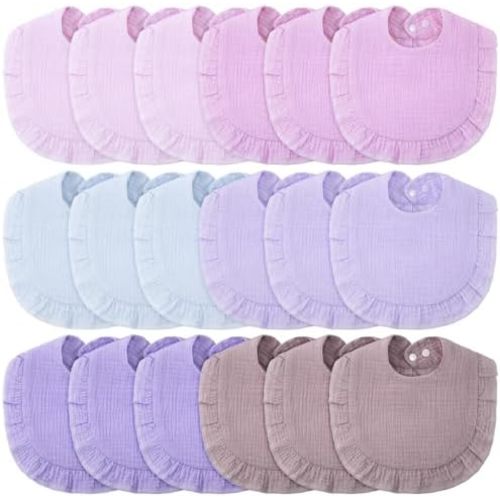 Kenning 18 Pcs Muslin Drool Baby Bibs Ruffle Absorbent Bib with Snap Button Boy Girl for Drooling Teething Infant Newborn