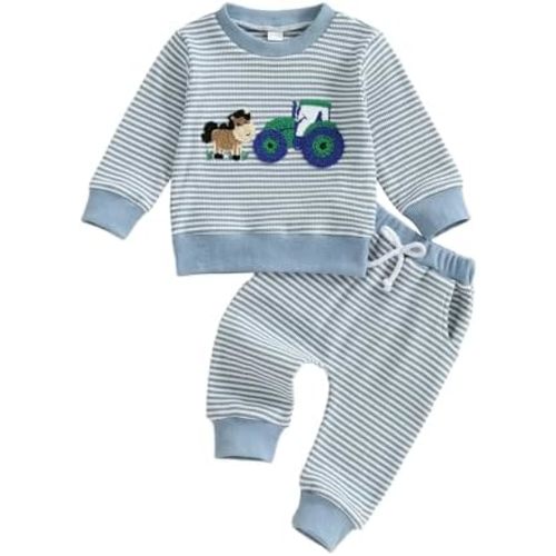 Sasaerucure Toddler Infant Baby Boy Fall Outfit Cow Embroidery Long Sleeve Sweatshirt and Pants Farm Clothes Set