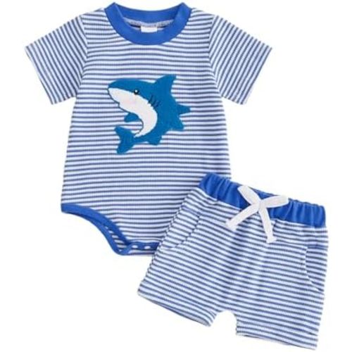 Newborn Baby Boy Outfits Summer Clothes Shark Embroidery Waffle Knit Stripe Romper Shorts 2pcs Clothing Set