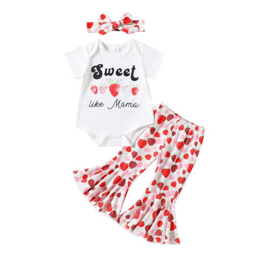 Girls Outfit Sets Short Sleeve Letter Strawberry Prints Romper + Flare Pants Outfits Baby Girls Clothing For 0-3 Months