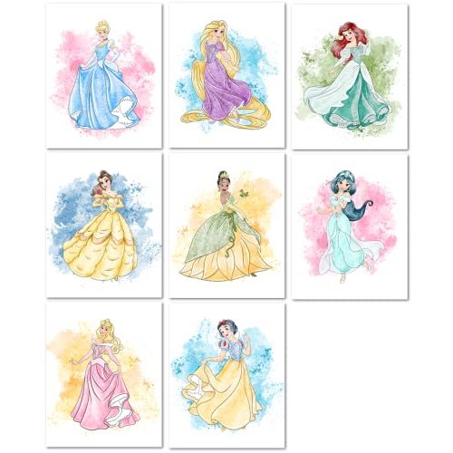 Nistio Princess Nursery Wall Art Prints, Ariel Nursery Poster, Newborn Gift, Cinderella Baby Room Decor For Girls, Princess Cinderella, Rapunzel, Ariel, Belle, Tiana, Jasmine, Set of 8 Prints, 8x10
