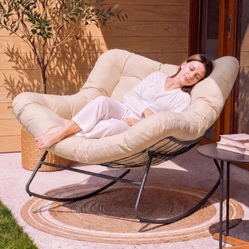 Papasan Rocking Chair, Oversized Patio Lounge Chair, 450 lbs | Oversized Comfort, Smooth & Quiet Rocking, Thick Cushioned Seat, Indoor & Outdoor Relaxation, Easy Assembly