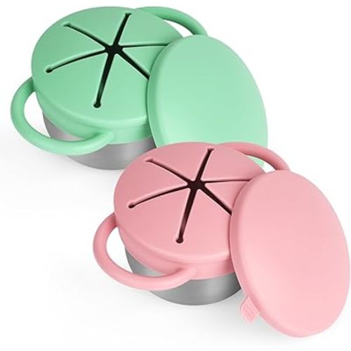 2 Pack Snack Cups for Toddlers Spill Proof - Detachable Stainless Steel Toddler Snack Cups with Silicone Lids & Handles - Dishwasher Safe Baby Snack Containers for Mess-Free Snacking (Green and Pink)
