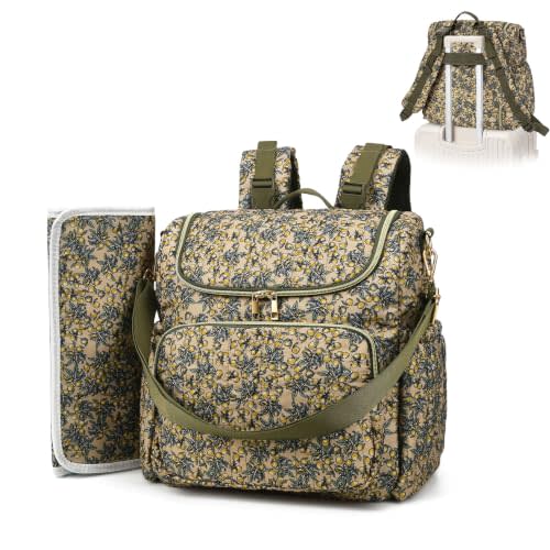 Quilted Floral Diaper Bag Backpack, Cute Mom Travel Diaper Backpack Purse | with stroller strap, crossbody strap, changing pad
