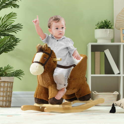 Qaba Baby Rocking Horse, Kids Ride on, Plush Animal Rocker with Sound, Wooden Base & Safety Belt for Ages 18-36 Months, Brown