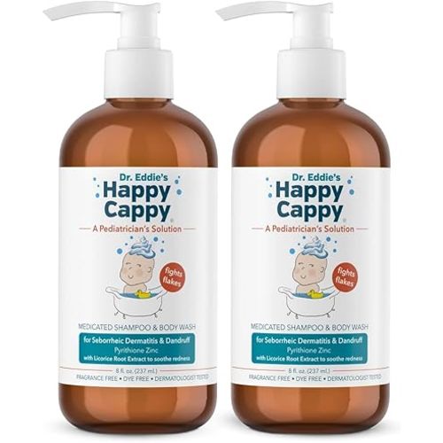 Happy Cappy Medicated Shampoo and Body Wash- Baby Dandruff Shampoo, Helps Cradle Cap and Seborrheic Dermatitis, Reduces Redness, Dermatologist Tested, Fragrance-Free- 8 Fl Oz (Pack of 2)