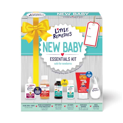Little Remedies New Baby Essentials Kit with Saline Nasal Spray, Diaper Rash Cream, Gas Relief Drops, Gripe Water & More, Safe for Newborns, Multi-Color