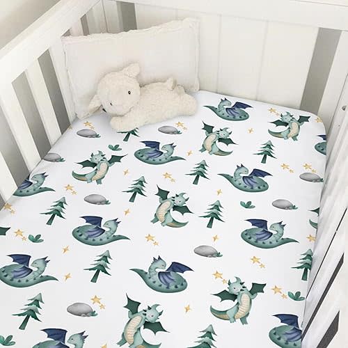 Cartoon Fairy Tale Dragon Trees Stars Baby Crib Sheets 52''x28'' Watercolor Dragons Stretchy Fitted Crib Mattress Cover for Boy Girl Soft Bed Sheet for Standard Crib and Toddler Mattress