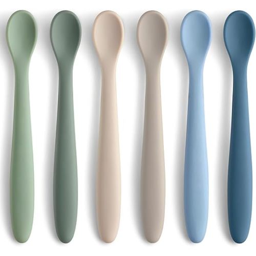 6 Piece Silicone Baby Feeding Spoons, First Stage Infant Soft-Tip Easy on Gums, Training Spoon Self-feeding, Utensils Supplies, Dishwasher & Boil-proof - Blue