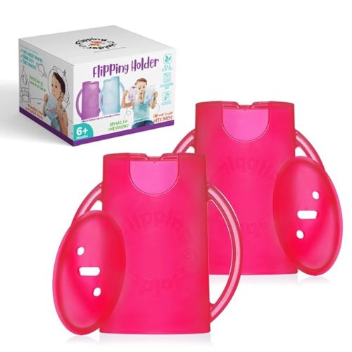 Flipping Holder Squeeze Proof Pouch Holder (2-pack with lids) for Food Pouches & Juice Boxes - Multipurpose - Prevent Messes & Support Self-Feeding - Easy Grasping Handles - Made in USA