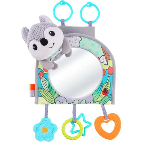 Car Seat Mirror for Baby Rear Facing, Interactive Safe Soft Toy with Crinkle Paper & Teether, Educational Sensory Travel Activity Center for Tummy Time, Infant Toys for 0-6-12-18 Months Boys Girls