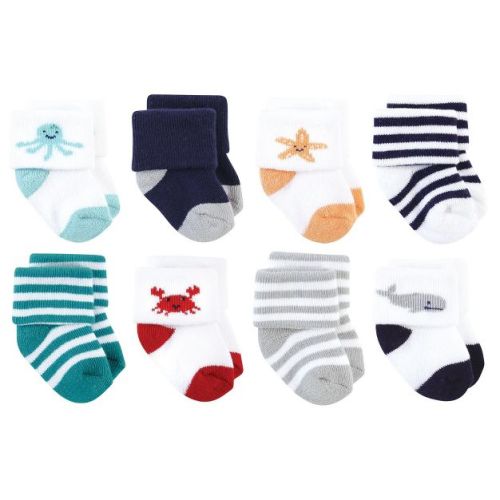 Hudson Baby Basics Infant Baby Cozy Terry Socks 8-Pack, Ocean Friends, 6-12 Months