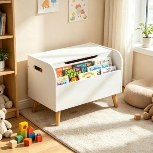 Wooden Toy Box, Kids Toy Storage Organizer with Front Bookshelf, Flip-Top Lid, Safety Hinge, Boys Girls Toy Chest Bench for Playroom White