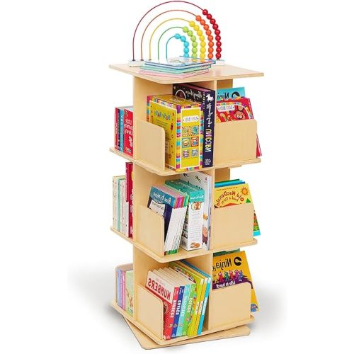 Monläurd® 100% Birch Rotating Bookshelf for Kids, 360° Spinning Montessori Bookcase, Space-Saving Wooden Storage for Nursery, Playroom & Classroom