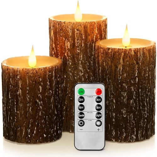 AKU TONPA Pine Bark Effect Flameless Candles Battery Operated Pillar Real Wax Flickering Electric LED Candle Sets with Remote Control Cycling 24 Hours Timer, 3" x 4" 5" 6" Pack of 3